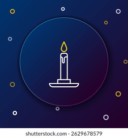Line Burning candle in candlestick icon isolated on blue background. Cylindrical candle stick with burning flame. Colorful outline concept. Vector