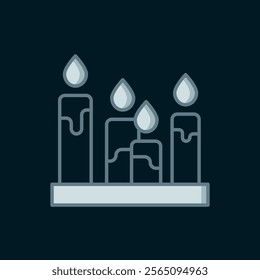 Line Burning candle icon isolated on black background. Cylindrical aromatic candle stick with burning flame. Happy Halloween party. Flat filled outline style with shadow. Vector