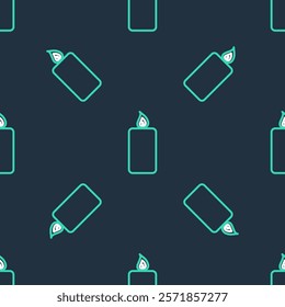 Line Burning candle icon isolated seamless pattern on black background. Old fashioned lit candle. Cylindrical aromatic candle stick with burning flame.  Vector