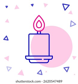 Line Burning candle icon isolated on white background. Cylindrical aromatic candle stick with burning flame. Happy Halloween party. Colorful outline concept. Vector