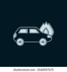 Line Burning car icon isolated on black background. Car on fire. Broken auto covered with fire and smoke. Flat filled outline style with shadow. Vector