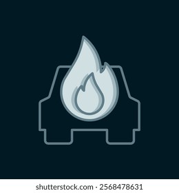 Line Burning car icon isolated on black background. Car on fire. Broken auto covered with fire and smoke. Flat filled outline style with shadow. Vector