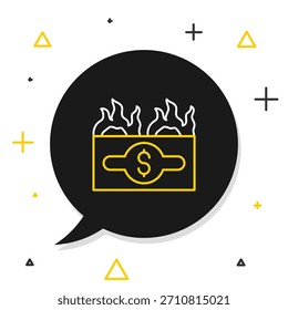 Línea de icono de billete de dólar en llamas aislado sobre fondo blanco. Billete de dólar en llamas. Quema de ahorros. Concepto de contorno colorido. Vector