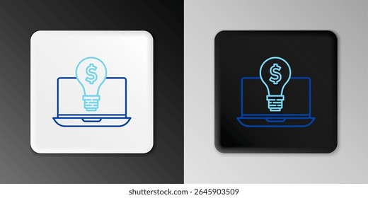 Line Business light bulb with dollar on laptop screen icon isolated on grey background. User touch screen. Colorful outline concept. Vector