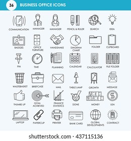 Line Business Office Icons Set. Vector Set of Modern Thin Outline Working Place and Job Items.