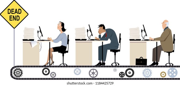 A line of business people working at their office desk riding a conveyor to the dead end, EPS 8 vector illustration of dead-end job