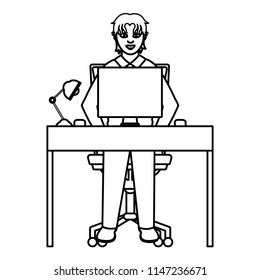 line businessman seating with wood desk and computer