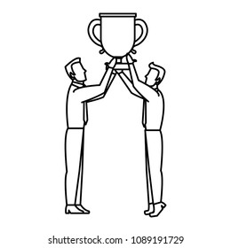 line businessmen teamwork to win cup prize