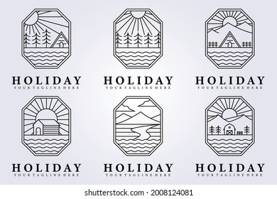 Line Cabin Cottage Barn Logo Forest Mountain River Ocean Lake Creek Vector Illustration Design Icon Symbol Line Art Badge