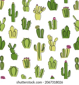 Line cactus pattern. Seamless texture with trendy abstract continuous line exotic dessert plant. Vector Mexican cactus and succulent botanical print