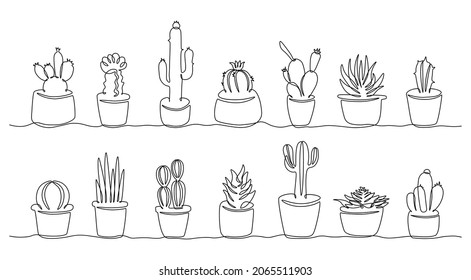 Cactus de línea en ollas. Continua línea de decoración botánica de la casa plantas exóticas, suculenta maceta de flores del desierto mexicano. Conjunto de línea de vector uno