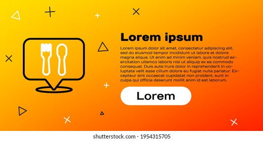 Line Cafe and restaurant location icon isolated on yellow background. Fork and spoon eatery sign inside pinpoint. Colorful outline concept. Vector Illustration.