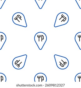 Line Cafe and restaurant location icon isolated seamless pattern on white background. Fork and spoon eatery sign inside pinpoint. Colorful outline concept. Vector.