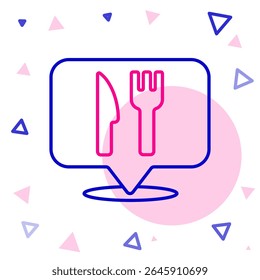Icono de ubicación de Line Café y restaurante aislado sobre fondo blanco. Tenedor y cuchara letrero de comedor dentro de un punto. Concepto de contorno colorido. Vector.