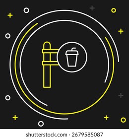 Icono de ubicación de Line Café y restaurante aislado sobre fondo negro. Tenedor y cuchara letrero de comedor dentro de un punto. Concepto de contorno colorido. Vector.