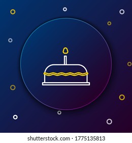 Line Cake with burning candles icon isolated on blue background. Happy Birthday. Colorful outline concept. Vector