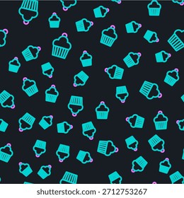 Line Cake icon isolated seamless pattern on black background. Happy Birthday.  Vector