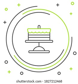 Line Cake auf Teller Symbol einzeln auf weißem Hintergrund. Alles Gute zum Geburtstag! Farbiges Rahmenkonzept. Vektorgrafik