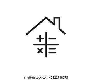 Line calculator under roof icon isolated on white background. Outline symbol for website design, mobile application, ui. Real estate pictogram. Vector illustration, editorial stroсk. 