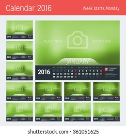 Line Calendar for 2016 Year. Vector Design Print Template. Week Starts Monday. Set of 12 Months