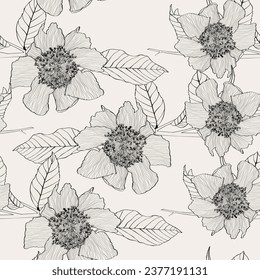 Line camelia flowers,  tropical leaves hand drawn line art background. Wallpaper design for print, poster, cover, banner, fabric, invitation. Digital vector illustration.