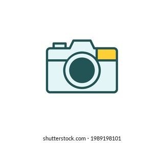 Line camera icon isolated on white background. Outline symbol for website design, mobile application, ui. Electronics pictogram. Vector illustration, editorial stroсk. 
