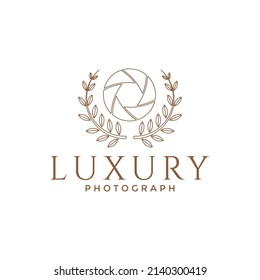line camera lens with leaf luxury logo design, vector graphic symbol icon illustration creative idea