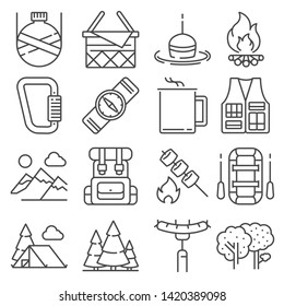 Line Camping and outdoor recreation icons set on white background