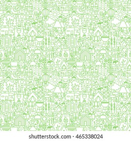 Line Camping White Seamless Pattern. Vector Illustration of Outline Tile Background. Summer Camp.