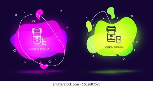 Line Can container for milk and glass icon isolated on black background. Abstract banner with liquid shapes. Vector Illustration
