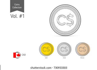 Line Canadian Dollar coin vector. Isolated on white background. Simple thin line coin icons for websites, web design, mobile app, infographics.