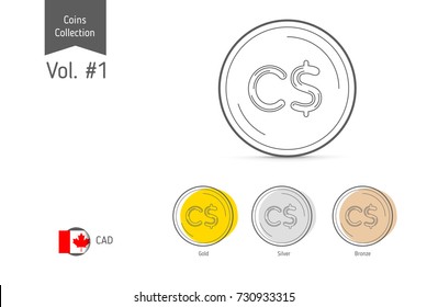 Line Canadian Dollar coin vector. Isolated on white background. Simple thin line coin icons for websites, web design, mobile app, infographics.