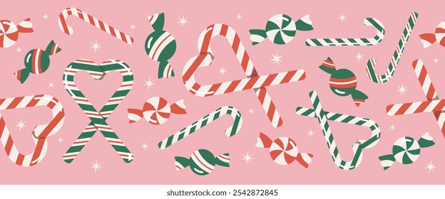 Line of candy canes in the shape of heart style. Merry Christmas and Happy New Year design for decorative.