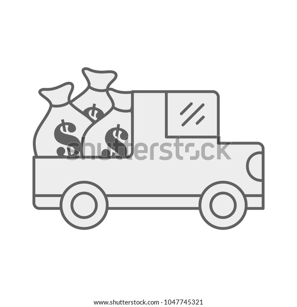 line car\
bank with bags cash money and dollar\
symbol