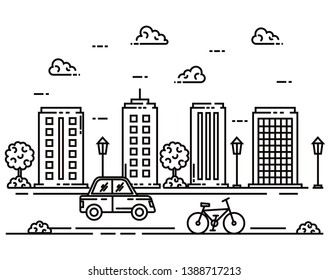 line car in the city street with building and clouds vector editable