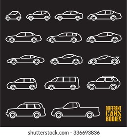 Line Car Icons On Black Background, Different Types Of Cars