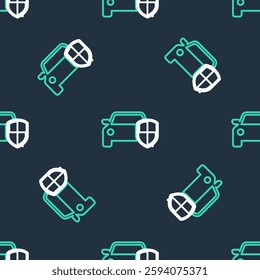 Line Car protection or insurance icon isolated seamless pattern on black background. Protect car guard shield. Safety badge vehicle icon. Security auto label.  Vector