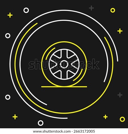 Line Car wheel icon isolated on black background. Colorful outline concept. Vector