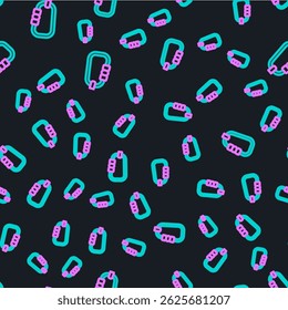 Line Carabiner icon isolated seamless pattern on black background. Extreme sport. Sport equipment.  Vector