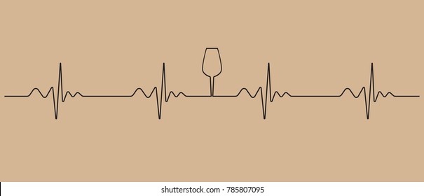 Line of cardiogram connected to wine glass., vector illustration