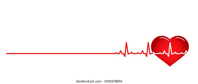 Line cardiogram heart on white background.  Banner with Red line heartbeat and heart. Normal heart rate. Vector illustration in Flat style.