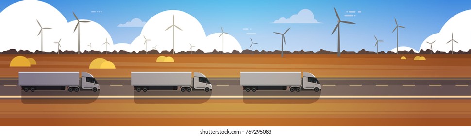 Line Of Cargo Semi Truck Trailers Driving Road Over Nature Landscape Horizontal Banner Vector Illustration