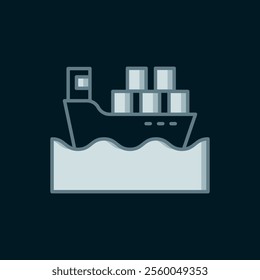 Line Cargo ship with boxes delivery service icon isolated on black background. Delivery, transportation. Freighter with parcels, boxes, goods. Flat filled outline style with shadow. Vector