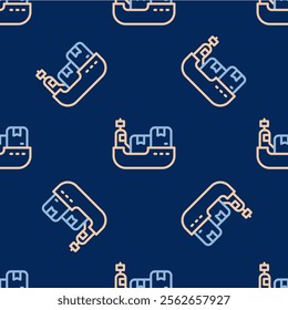 Line Cargo ship with boxes delivery service icon isolated seamless pattern on blue background. Delivery, transportation. Freighter with parcels, boxes, goods.  Vector