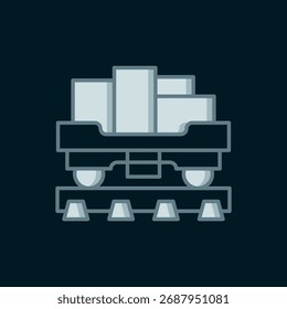Icono de vagón de tren de carga de línea aislado sobre fondo negro. Coche de carga completo. Transporte ferroviario. Estilo de contorno relleno plano con sombra. Vector