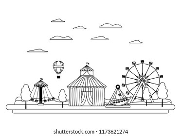 line carnival with circus and mechanical ride games