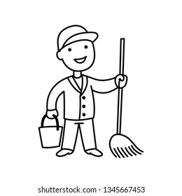Line Cartoon Character Profession. Cleaner With Bucket And Mop