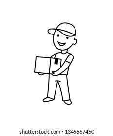 Line Cartoon Character Profession. Deliveryman With Box