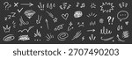Line cartoon comic hand drawn movement elements. Hand drawn doodle line emoji sketch element arrow, emphasis mark, shock emotion, star shape. Crayon line anime expression icon. Vector illustration