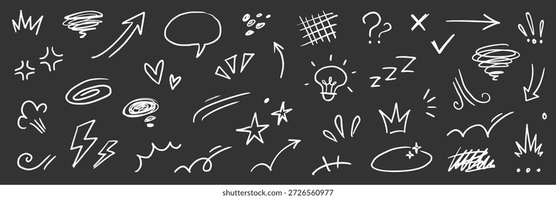 Línea de dibujos animados cómicos dibujados a mano Elementos de movimiento. Dibujado a mano doodle línea emoji boceto elemento flecha, marca de énfasis, emoción de choque, forma de estrella. Icono de expresión de anime de línea de creyón. Ilustración vectorial